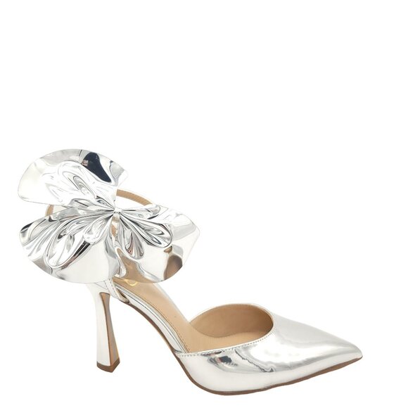 NEW Sam Edelman Halie Bow Heels Womens 7.5 Shiny Silver Chic Formal Party Classy - Picture 1 of 9